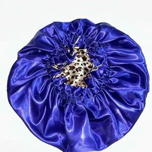 Elegant Royal Blue Satin Hair Bonnet with Leopard Accent